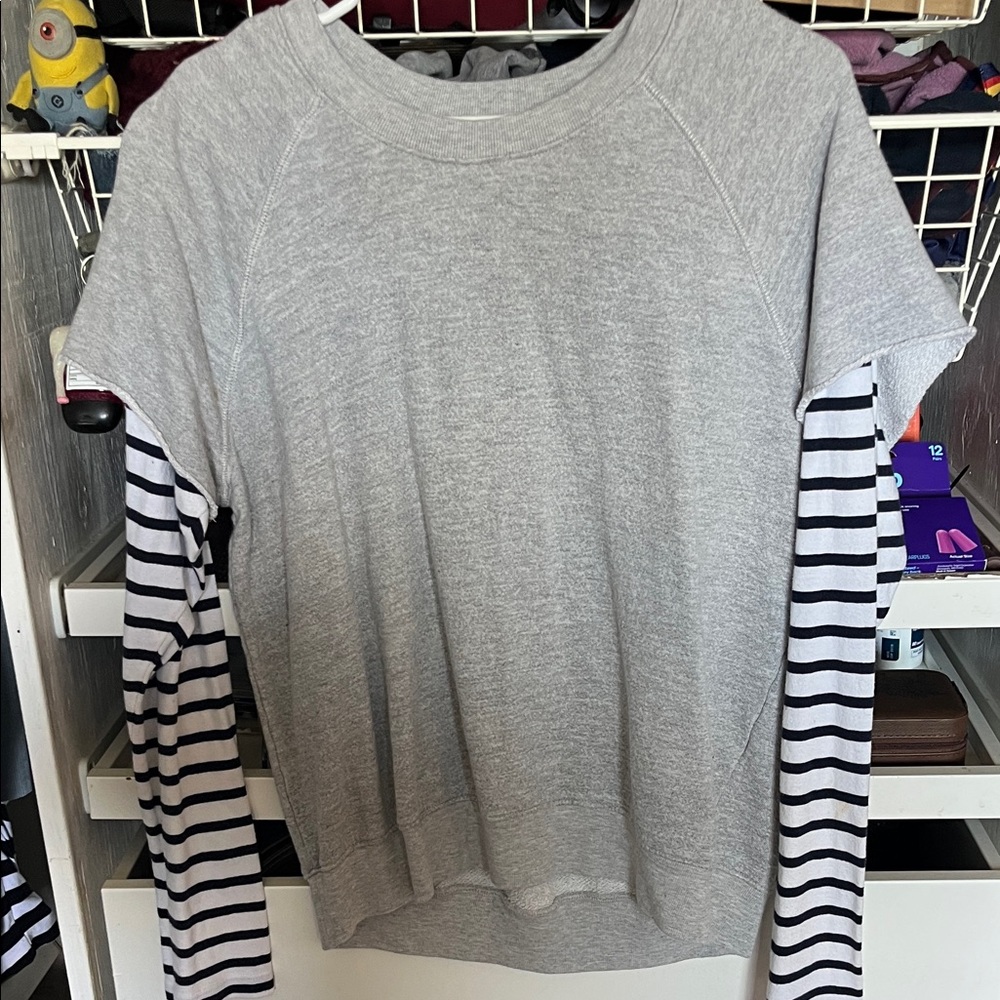 Sundry Gray Sweater with Striped Sleeves